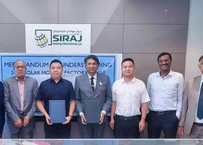 Representatives of Gstar and Siraj Group signing a memorandum of understanding to build a module assembly plant in the UAE
