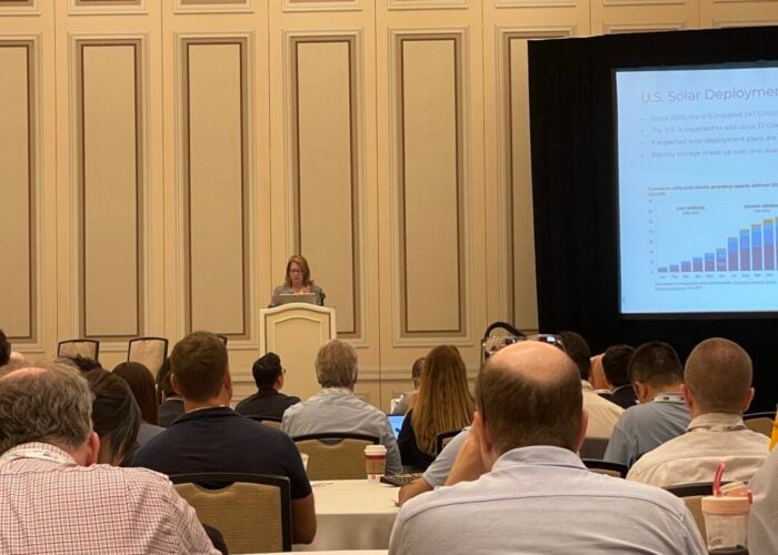 Stacy J. Ettinger speaks at RE+ 2025.