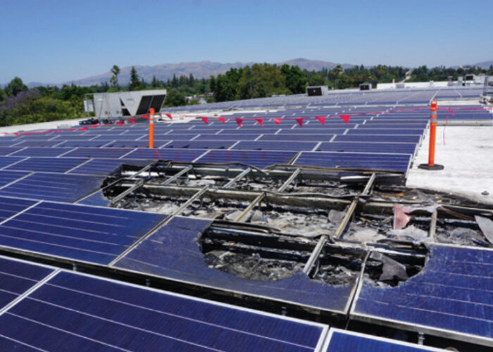 Fire damage on a rooftop solar array