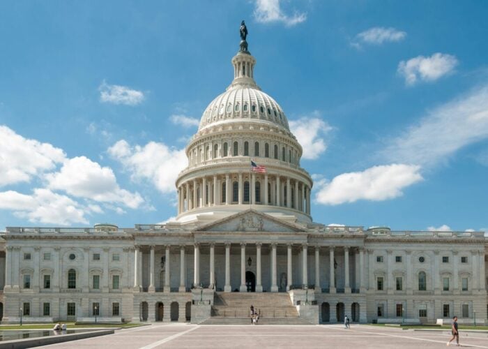 Front side of the United States Capitol building in Washington DC.